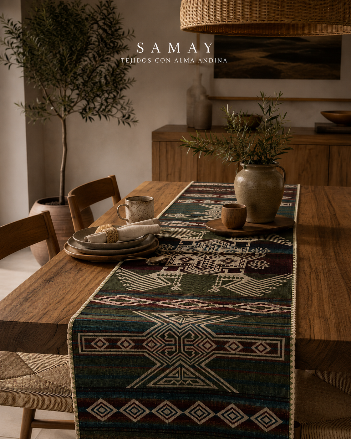 Pieza Textil Decorativa Runa Guardiana vista completa en comedor