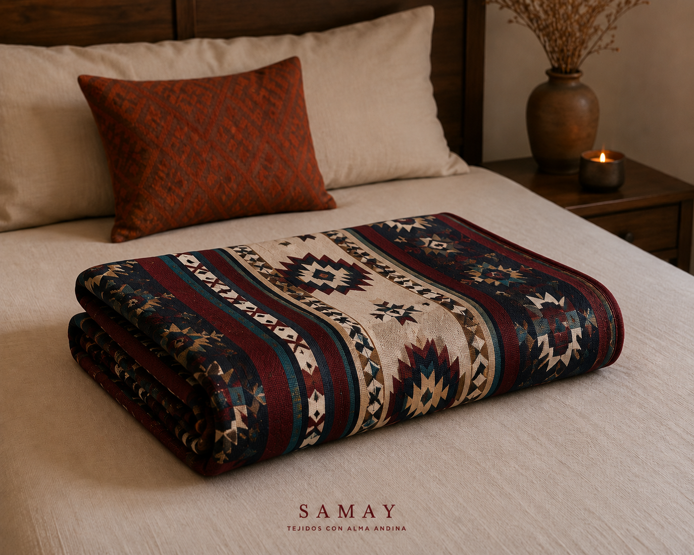 Cobija Tierra Ancestral doblada sobre la cama