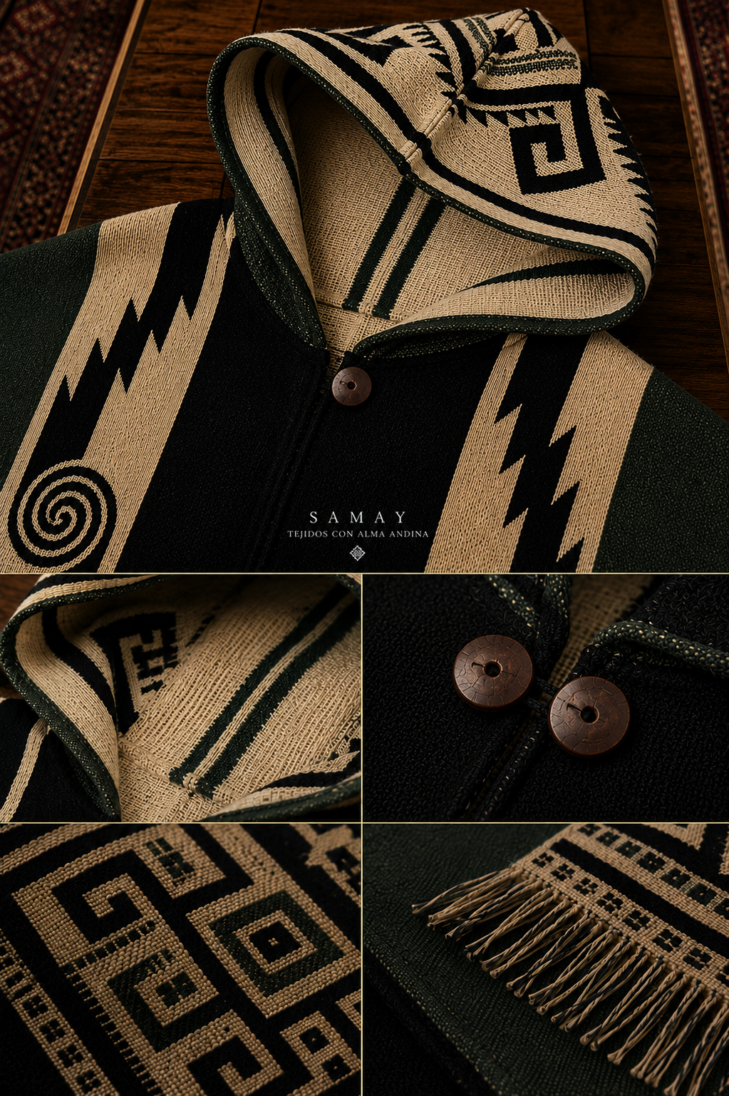 Poncho artesanal Caminos Ancestrales detalle artesanal y de diseño