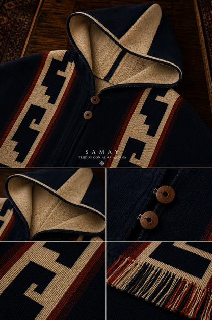 Poncho artesanal Huellas Andinas detalle artesanal y de diseño