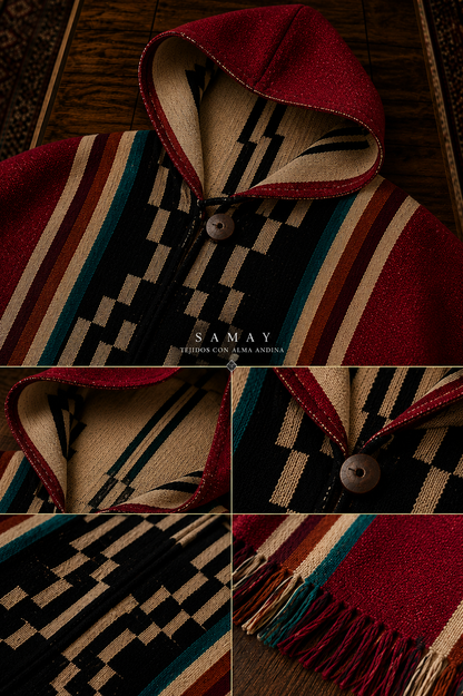 Poncho artesanal Sendero Ancestral detalle artesanal y de diseño