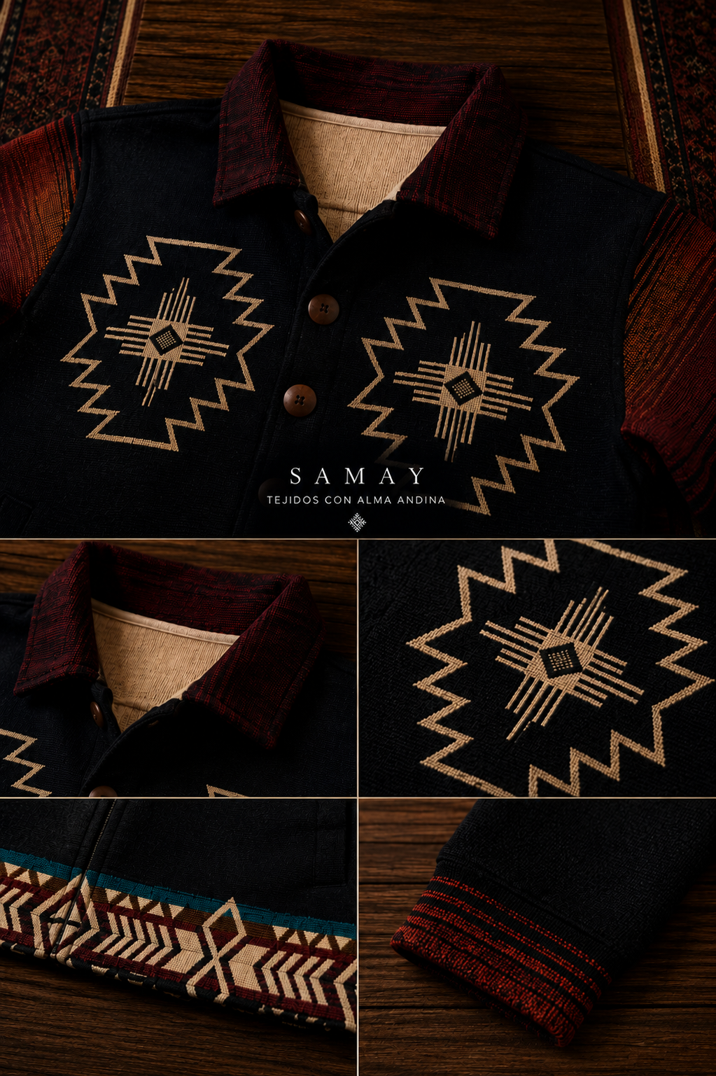 Chaqueta Andina Allpa Tejida detalle artesanal y de diseño