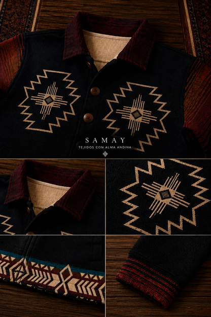 Chaqueta Andina Allpa Tejida detalle artesanal y de diseño
