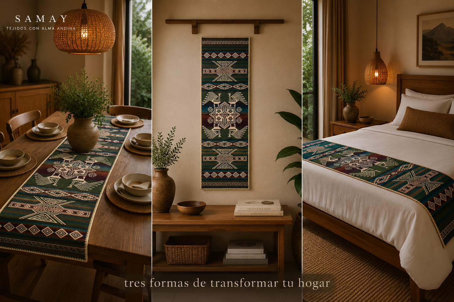 Pieza Textil Decorativa Runa Guardiana composición tres ambientes diferentes