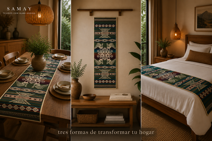 Pieza Textil Decorativa Runa Guardiana composición tres ambientes diferentes