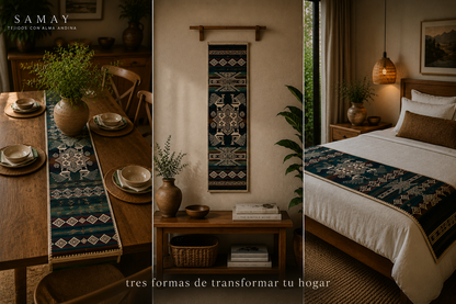Pieza Textil Decorativa Qhapaq Memorias composición tres ambientes diferentes