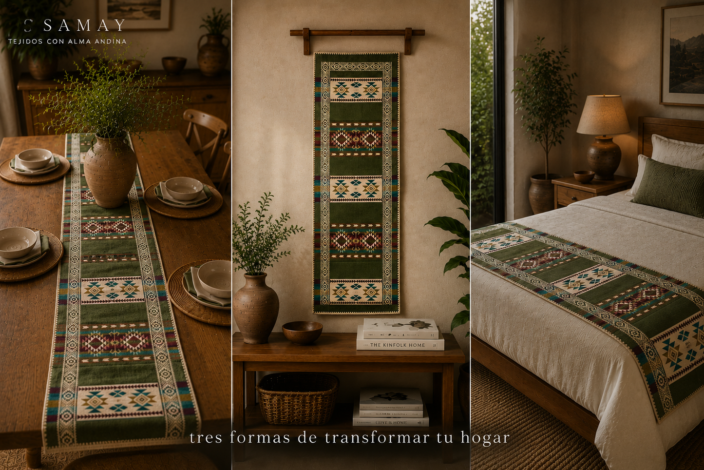 Pieza Textil Decorativa Q´ori Andes composición tres ambientes diferentes