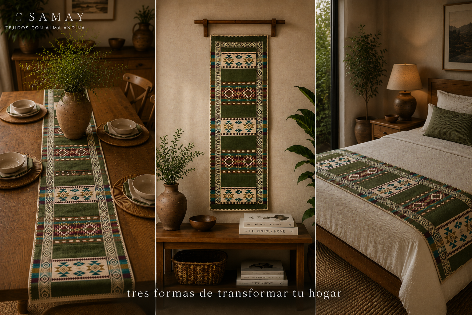 Pieza Textil Decorativa Q´ori Andes composición tres ambientes diferentes