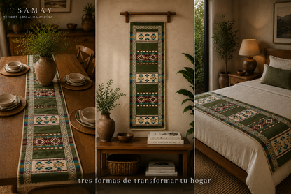 Pieza Textil Decorativa Q´ori Andes composición tres ambientes diferentes